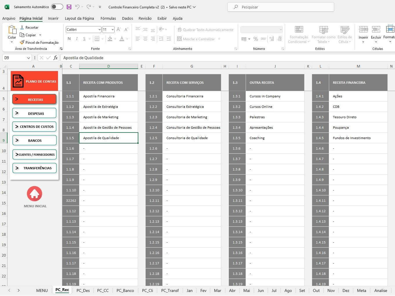 Planilha de controle financeiro com seções para receitas, despesas e gestão de qualidade em Excel.