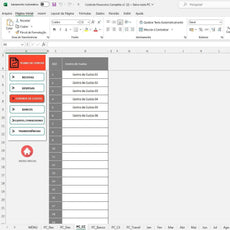 Financial control spreadsheet displaying cost centers and expense categories with navigation menu.