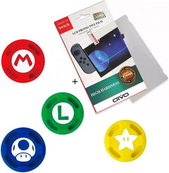 Protector de pantalla de cristal 9H de 3,3 mm + 4 agarres Mario para Nintendo Switch Joy-con