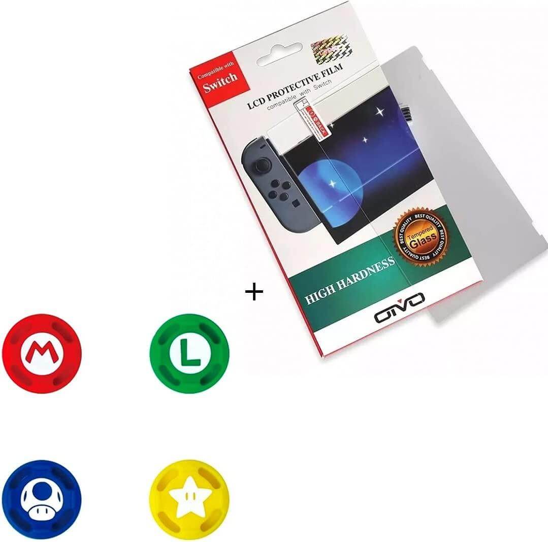 Película De Vidro 3.3mm 9H + 4 Grip Mario Do Joy-con Nintendo Switch - Radali Shop